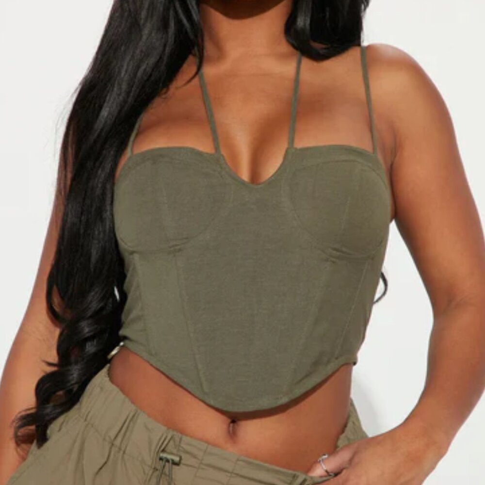 Olive Green Linen Halter Cami Strap Corset, in size M